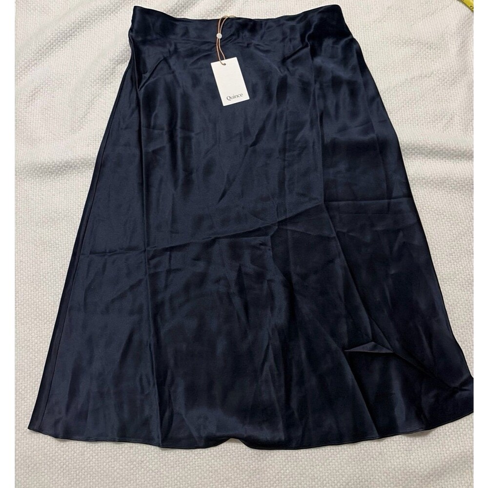 Quince Navy Blue Washable Silk Midi Skirt, Size Large